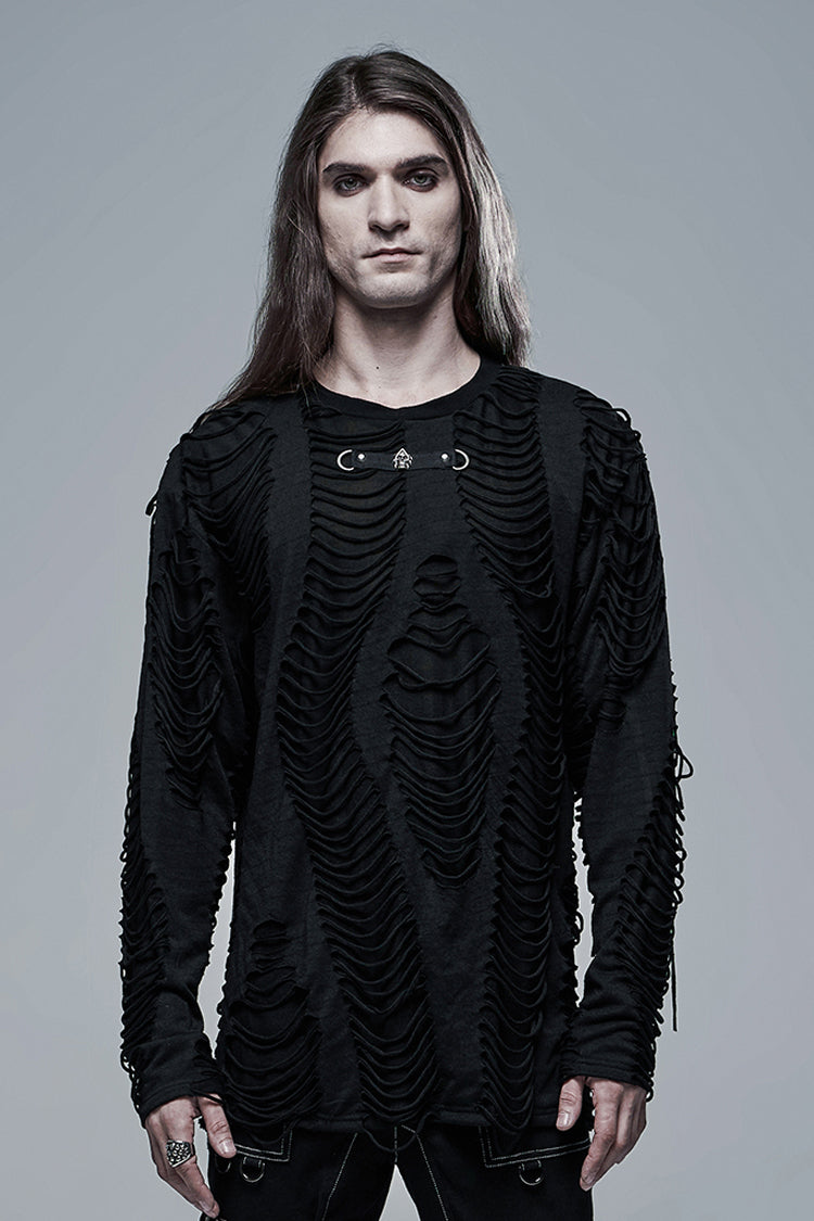 Jet Crewneck Long-Sleeve Double-Layer Distressed Gothic Blouse for Men