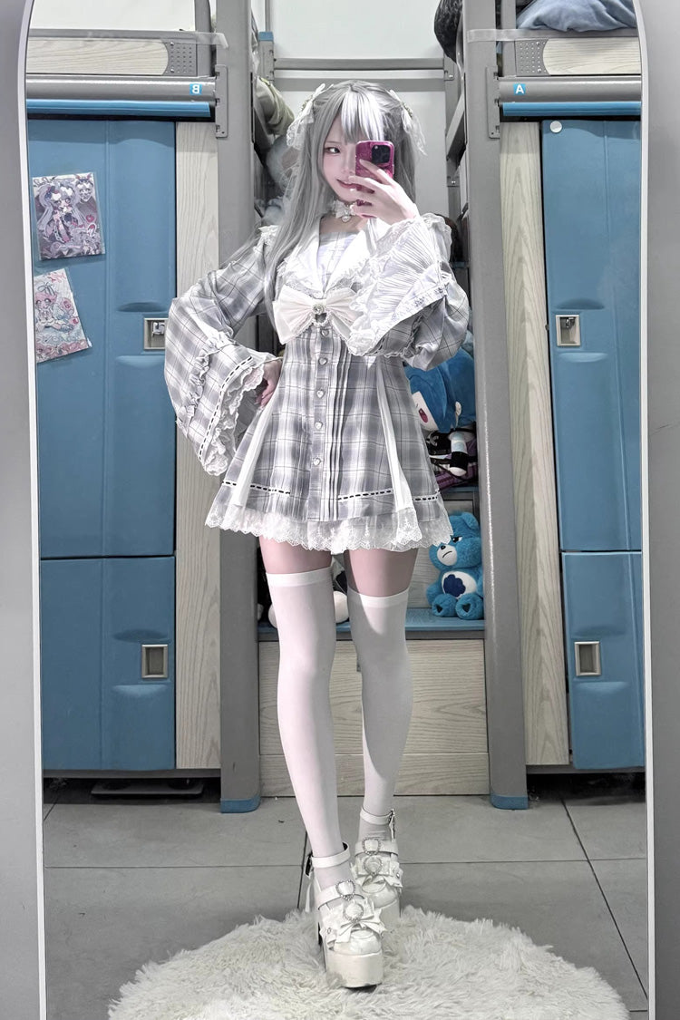 Sweet Square-Collar Bow Lace Pearl Jirai Kei Dress & Short Set