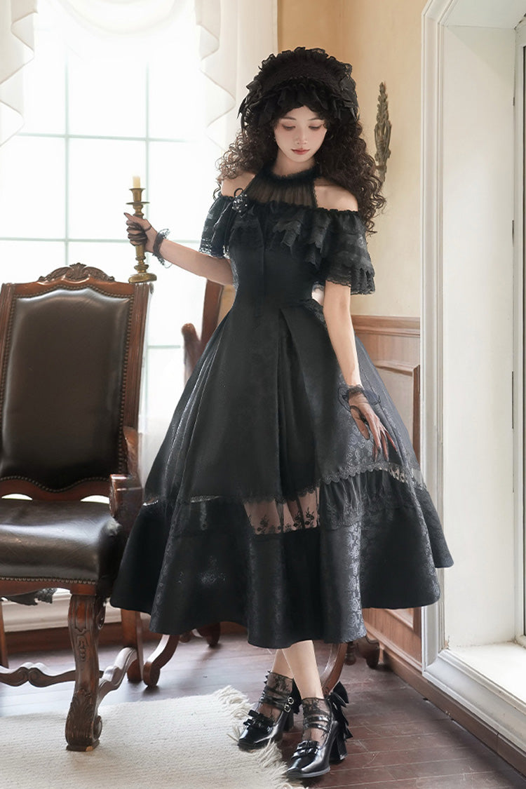 Ivory Off Shoulder Halter Print Ruffle Gothic Elegant Dress