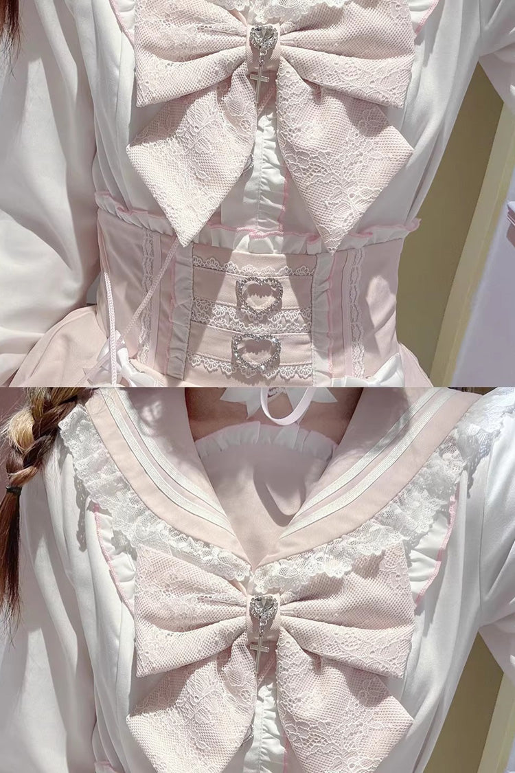 Ivory and Pink Snow Rose Navy Collar Long Sleeve Triple-Layer Ruffled Bow Sweet Jirai Kei Skirt Set