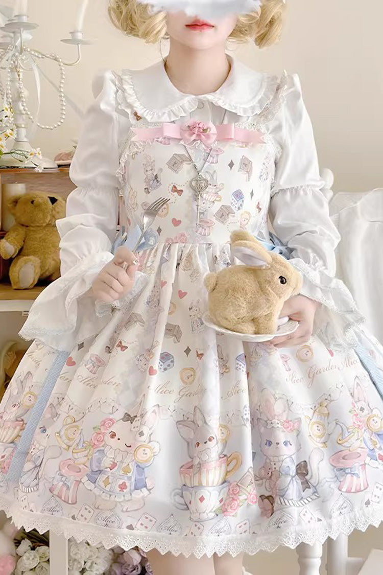 Ivory Sleeveless Print Ruffled Bow Princess Lolita Strap Set