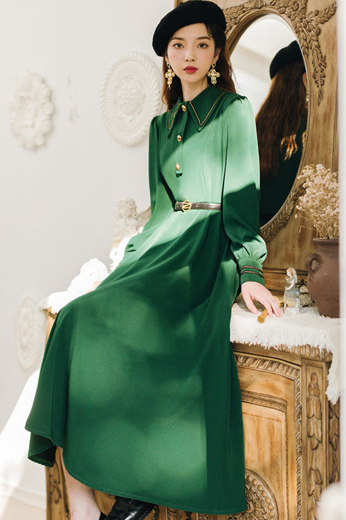 Navy Vintage Lapel Collar High-Waisted Long-Sleeve Classic Lolita Dress