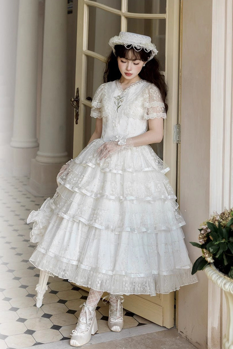 Ivory Morning Dew Lily Short Sleeve Multi-Ruffle Embroidery Elegant Lolita Gown