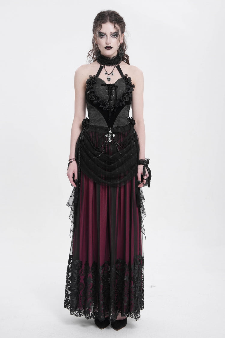 Elegant Black Rose Heart Lace Embroidered Sleeveless Halter Gothic Shirt