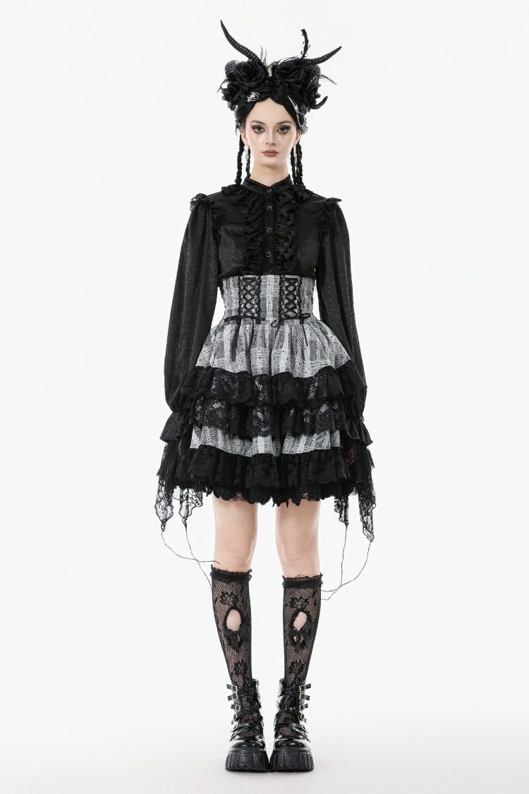 High Waist Lace-Up Ruffled Layered Hem Skirt - Lolita