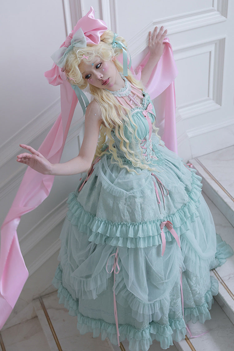 Green Cross Halterneck Lace-Up Sweet Lolita Dress - Ruffled Bowknot Lace