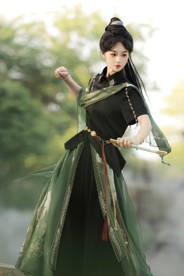 Embroidered Lapel Collar Short Sleeve Wuxia Hanfu Pants Set