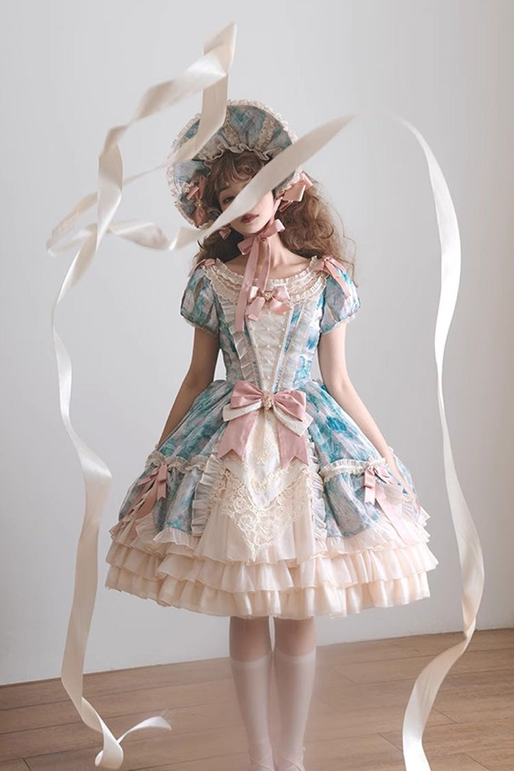 Angel Heart Sky Oil Painting Printed Bow Cardigan Sweet Lolita Dress - Multi-Color