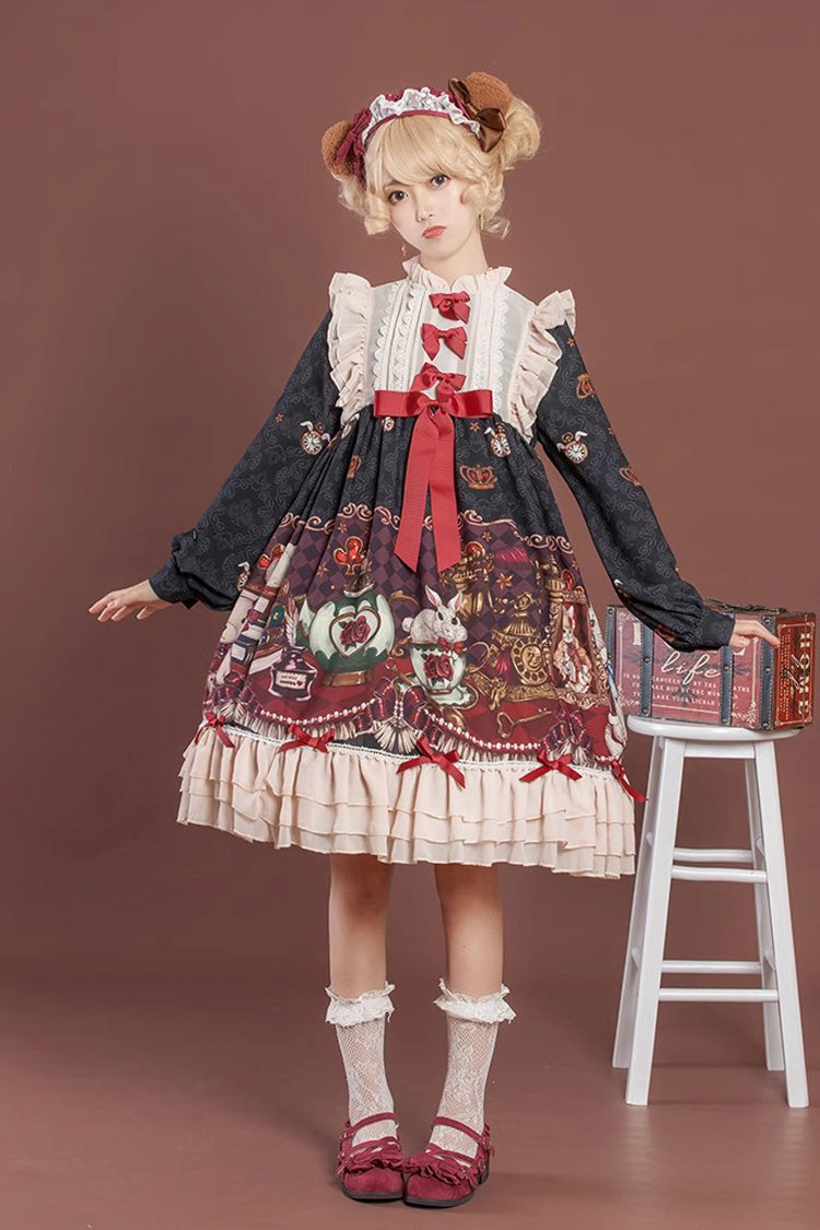 Multi-Layered Sweet Lolita Dress with Bowknot and Print - Rabbit and Bear Feast, 2 Shades