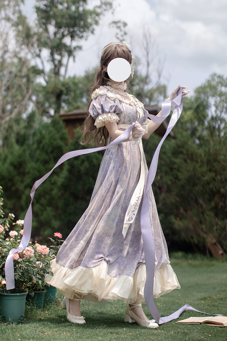 Violet Sun Moon Poem Short Sleeve Printed Bow Princess Lolita Dress