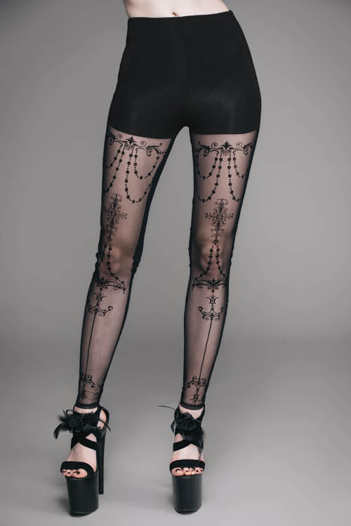 Sexy Sheer Mesh Leggings with Flocking Print & Elastic Waistband