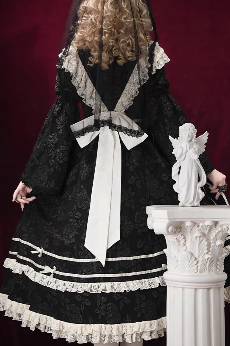 Black Double-Layered Ruffled Embroidered Bow Lace Gothic Nun Dress - Rose Choir