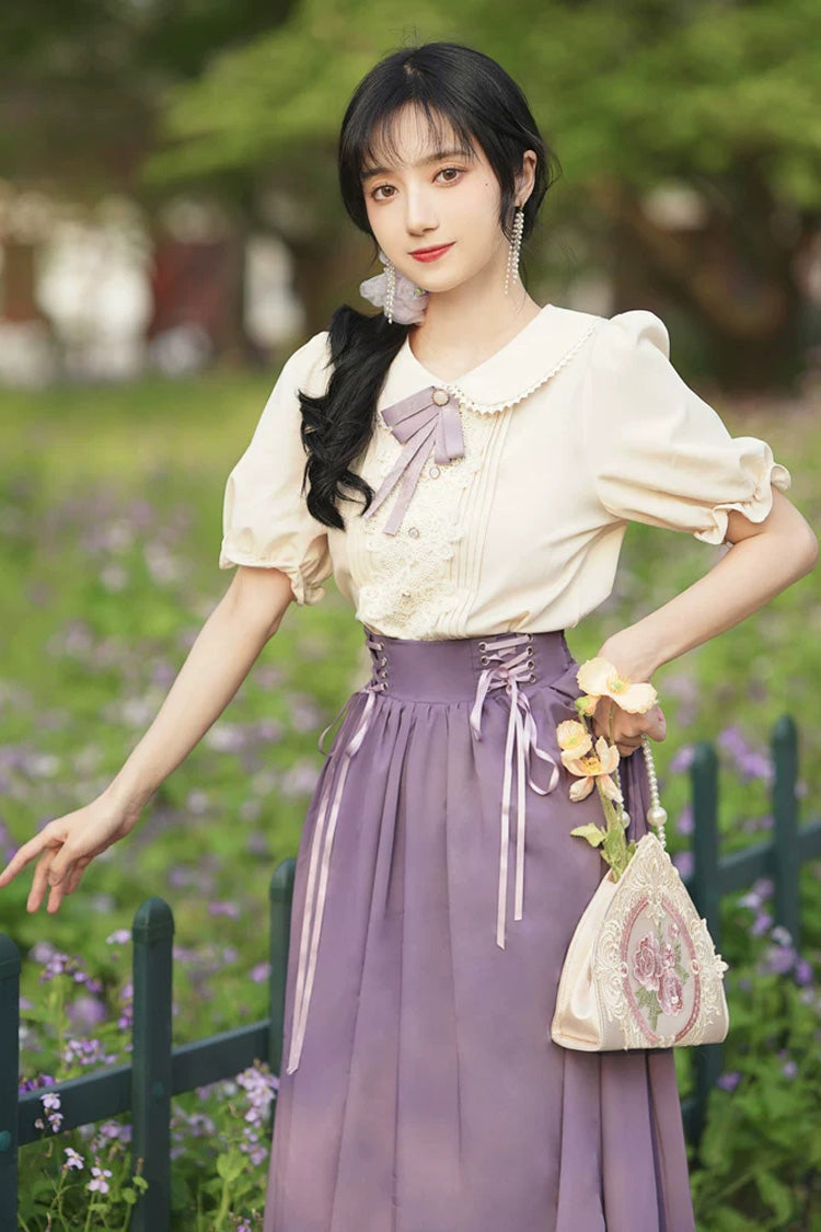 Lapel Collar Short-Sleeve High-Waisted Lace-Up Wave Hem Lolita Two-Piece Set, 7 Colors