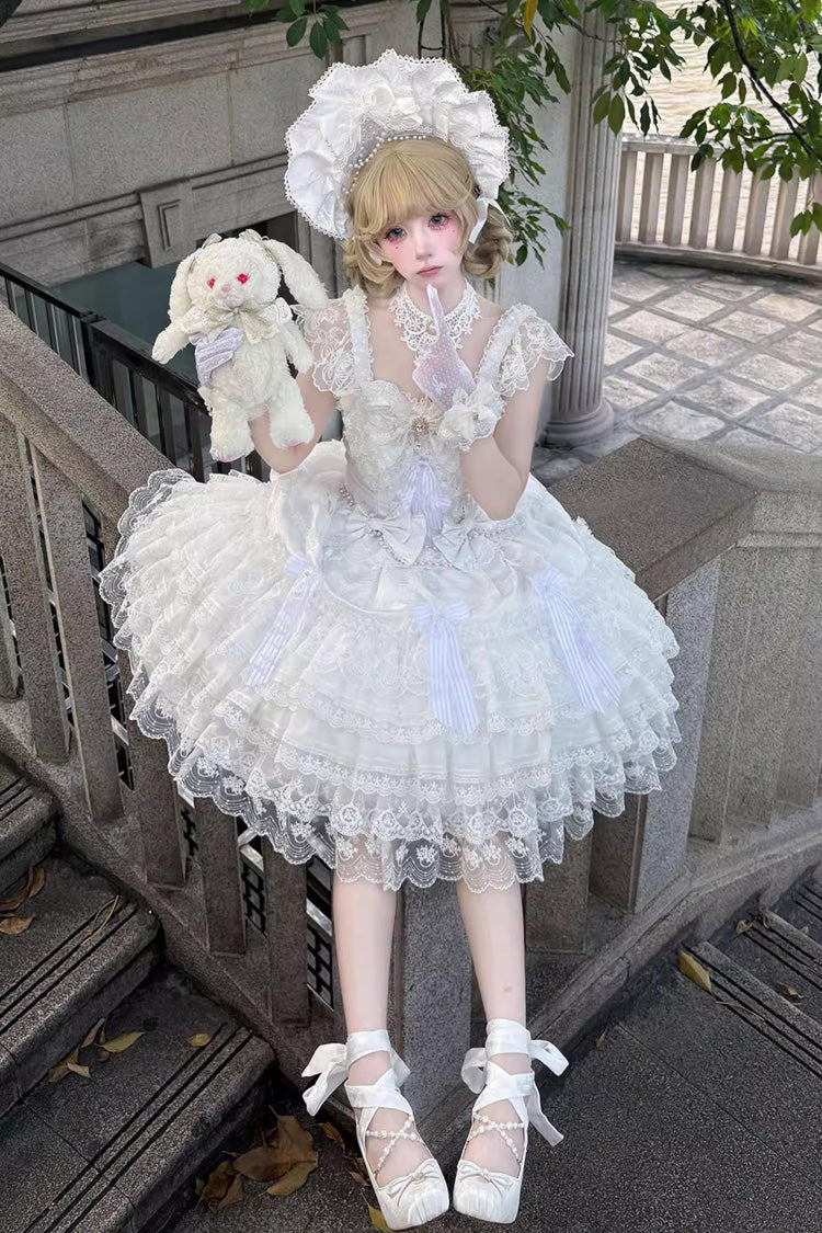 Ivory Moonlit Sakura Ode Sleeveless Tiered Ruffle Bow Lace Lolita Dress