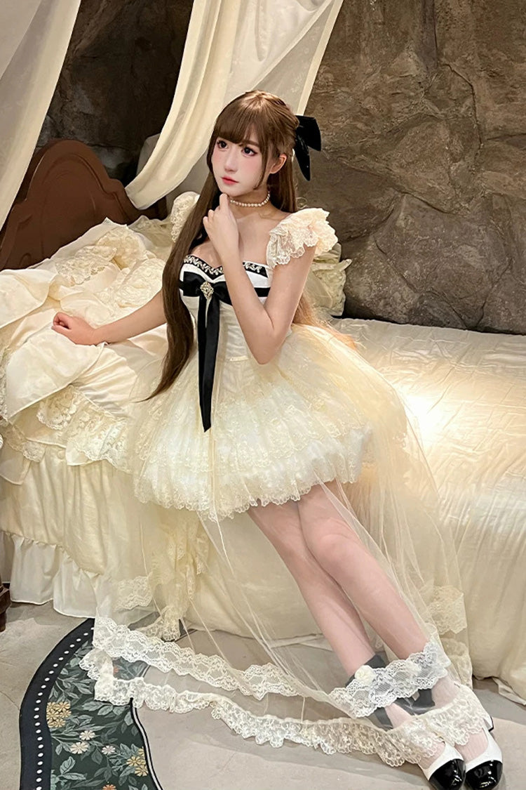Cream Hepburn Heart Square Collar Sleeveless Multi-Layer Cut-Out Bow Lace Sweet Lolita JSK Dress