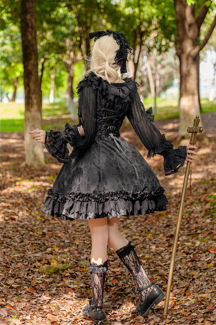 Floral Canon Round Collar Sleeveless Jacquard Printed Ruffled Bow Gothic Lolita Jsk Dress - Black