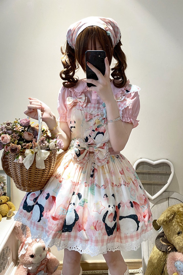 Panda Peach Printed Bow Sweet Lolita Strap Dress