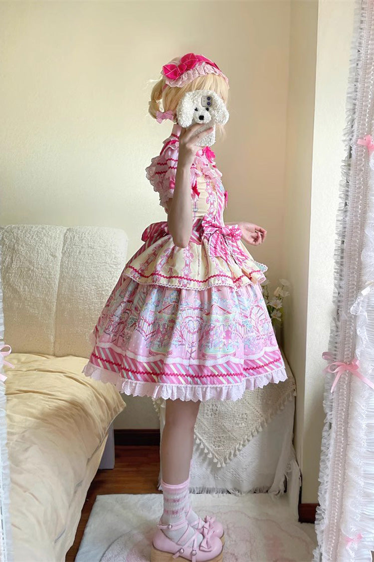 Sweet Lolita JSK in Yellow Pink with Bowknot Ruffled Print - Candy Park