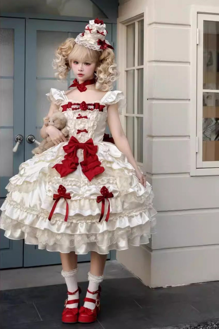 Sweet Apricot Square Collar Sleeveless Layered Ruffle Embroidered Bow Lolita JSK