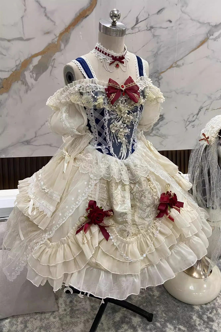 Blue and Ivory Off-Shoulder Lolita Dress with Ruffle and Bowknot Sweet Style