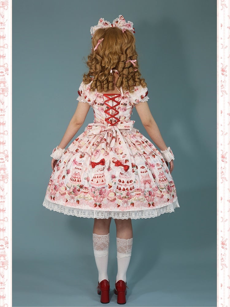 Print Set Dress Full Lolita Bow / Sweet Accents Cake Strawberry White