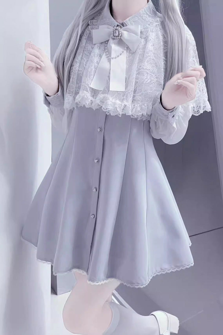 Aqua Shawl Lace Chiffon Long Sleeves Slim Jirai Kei Dress