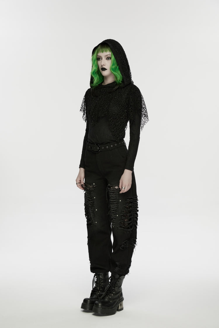 Decadent Denim Pants with Rips and Eyelets for Women