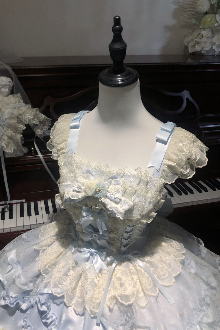 Dreaming Butterfly Blue Multi-Layered Jacquard Ruffle Bowknot Lace Sweet Princess JSK Dress