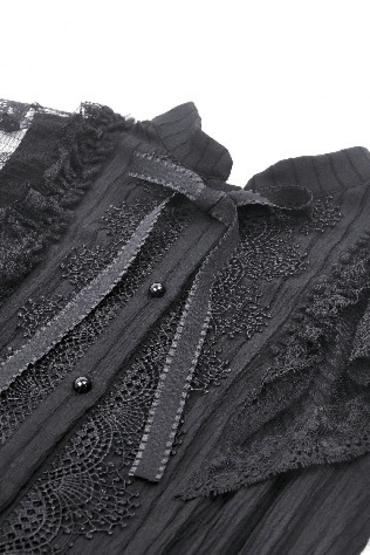 Gothic Sleeveless Black Lace Bow-Accented High-Neck Triple-Tiered Hem Long Dress