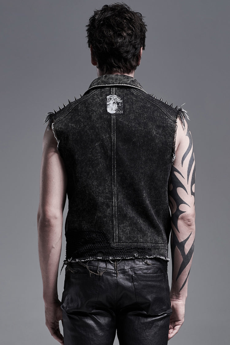 Vintage Denim Vest with Rivets and Lapel Collar for Men