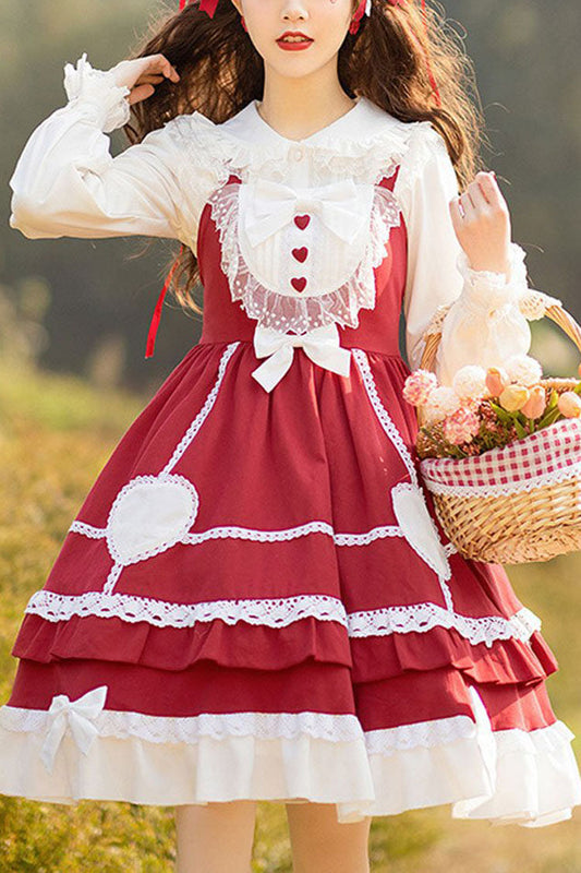 Wine Red Sweet Lolita JSK Dress with Lace and High Waist Bowknot - Altfashion Shop