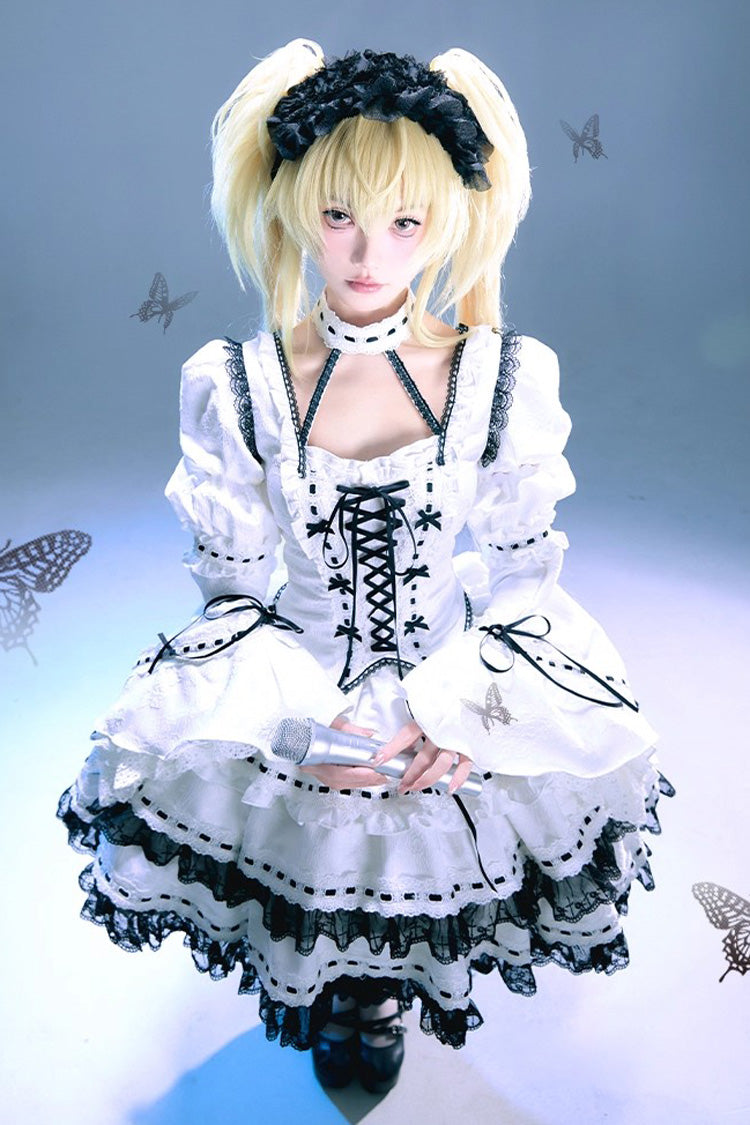 White Long Trumpet Sleeve Double-Layered Ruffled Bow Lace-Up Gothic Skirt Set