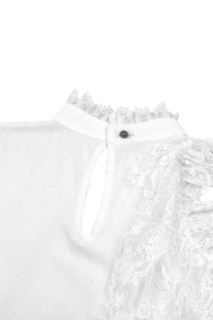 Lace High Collar Asymmetric Long Trumpet Puff Sleeves Bowknot Gothic Short Dress