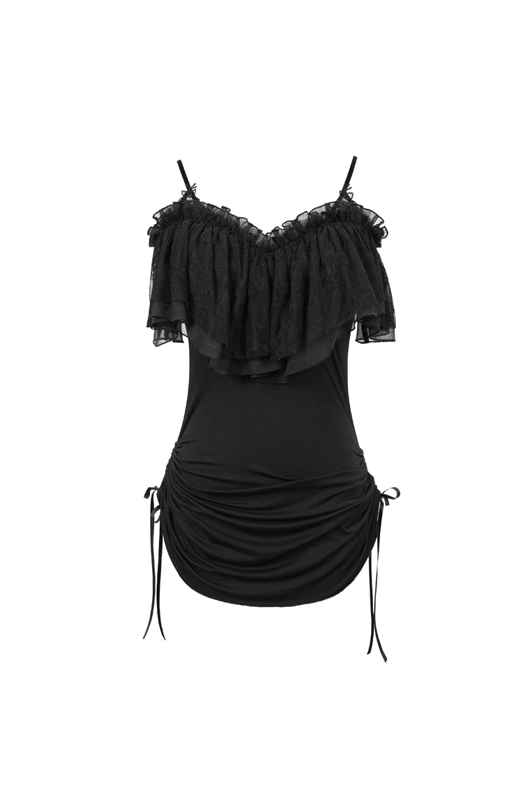 Off-Shoulder Chest Frilly Punk Tee for Women with Lace-Up Detail