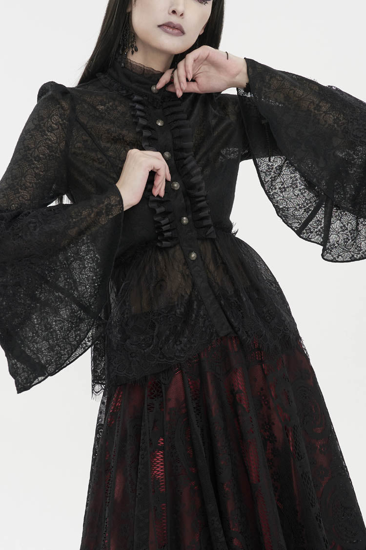 Gothic Round-Neck Flared-Sleeve Black Lace Women's Elegant Blouse