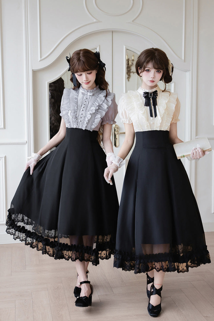 Miss Lola Snow Kiss Stand Collar Short Puff Sleeves Ruffled Color-Blocked Faux Two-Piece Sweet Lolita Long Dress 3 Colors - Black