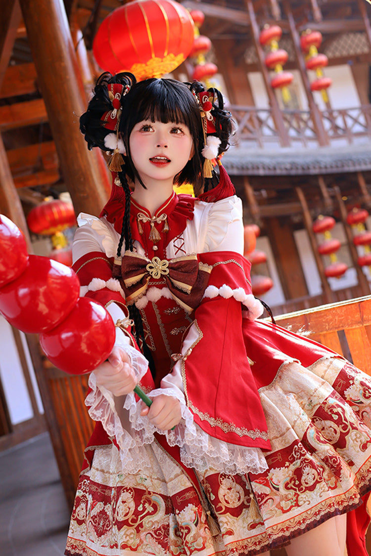New Year Red Print Ruffle Bowknot Lace-Up Sweet Chinese Style JSK Dress
