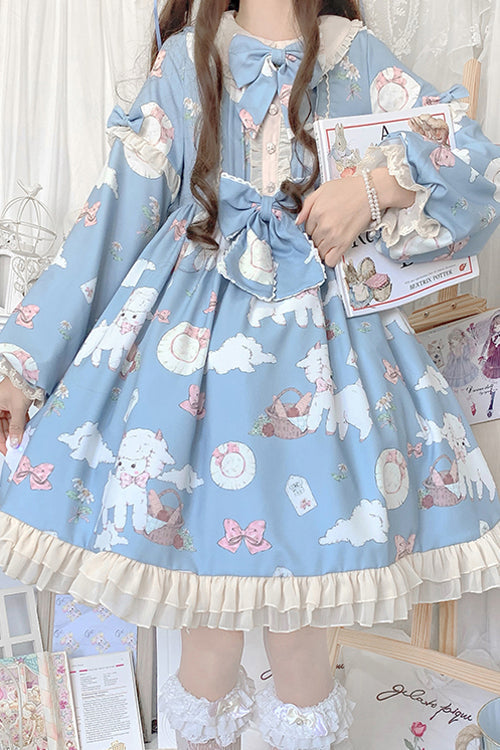 Sweet Lolita OP Dress with Sheep Print and Lantern Sleeves
