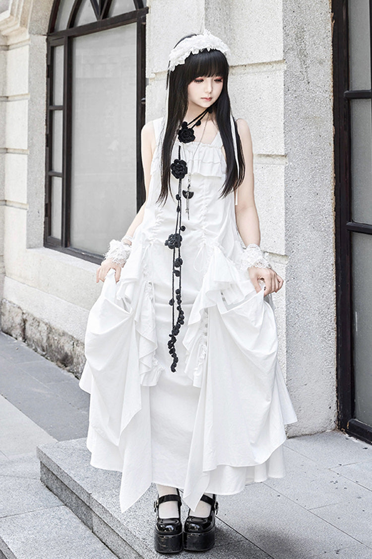 Ivory Gothic Strap Dress with Sleeveless Ruffles - Dream