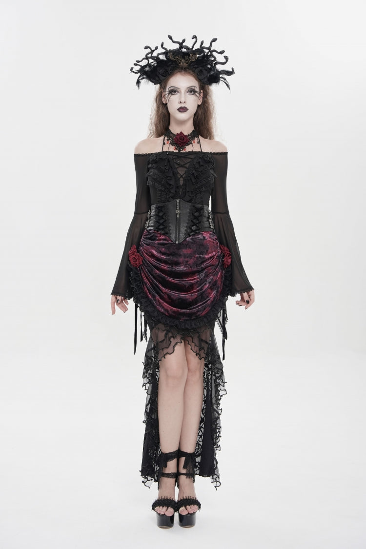 Crimson & Noir Embroidered Rose Lace-Up Asymmetric Hem Gothic Skirt