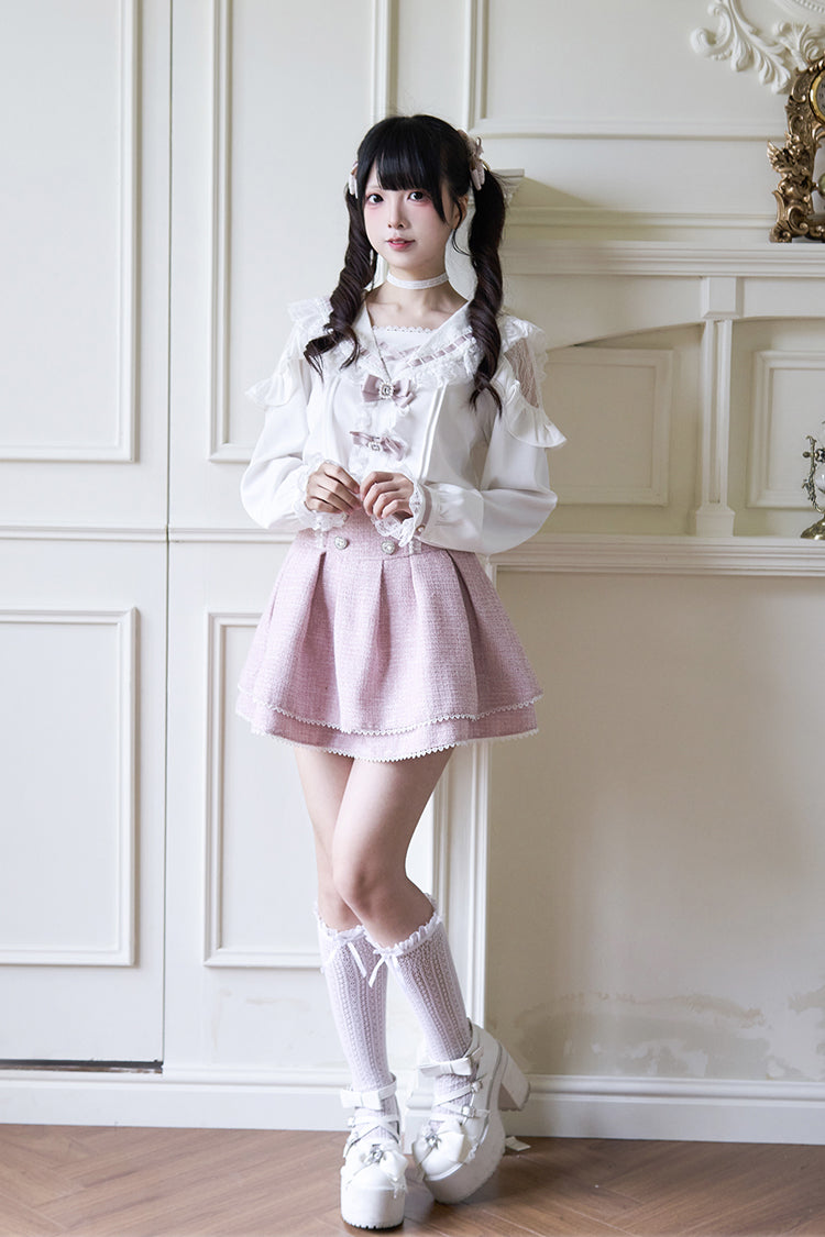 Navy Collar Bowknot Lace Long Sleeve Jirai Blouse in Three Colors