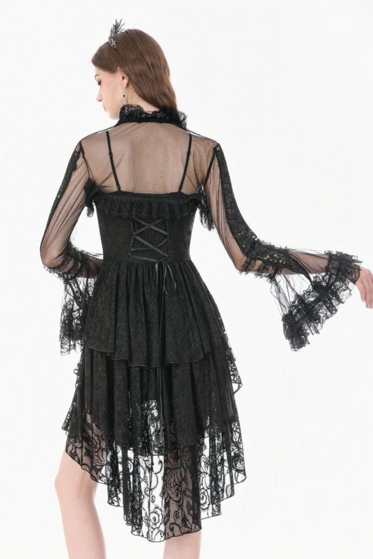 Gothic Sheer Mesh Black Lace High-Collar Flared Long-Sleeve Dramatic Cape