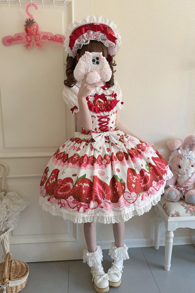 Strawberry Print Ruffled Bow Lace Sweet Lolita JSK
