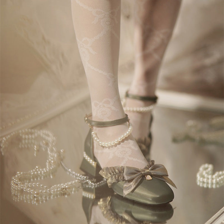 Sweet Lolita Footwear with Bow, Lace, and Pearl Accents in 4 Colors