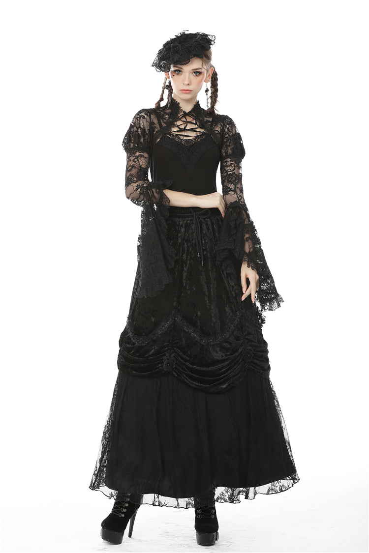 Jet-Black Gothic Cape with Sheer Floral Lace and Lacing for Women