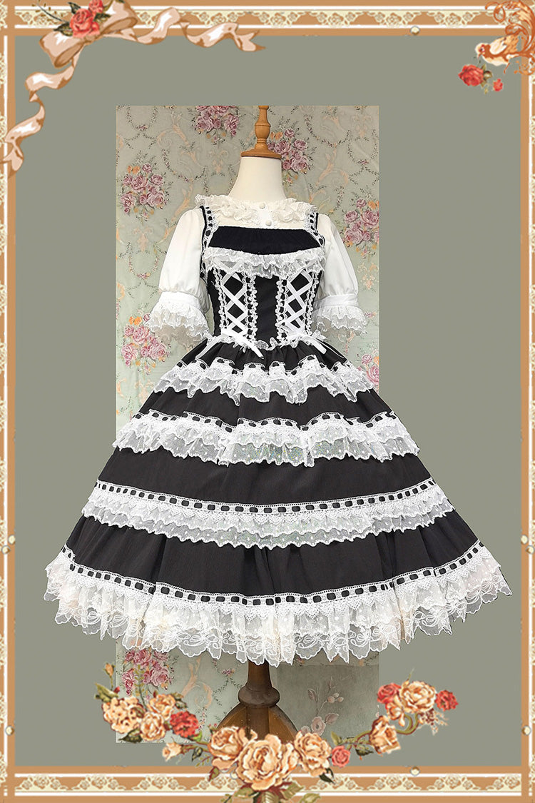 Black/White Sleeveless Ruffled Sweet Lolita JSK Dress Lace-Up - Doll in the Mirror