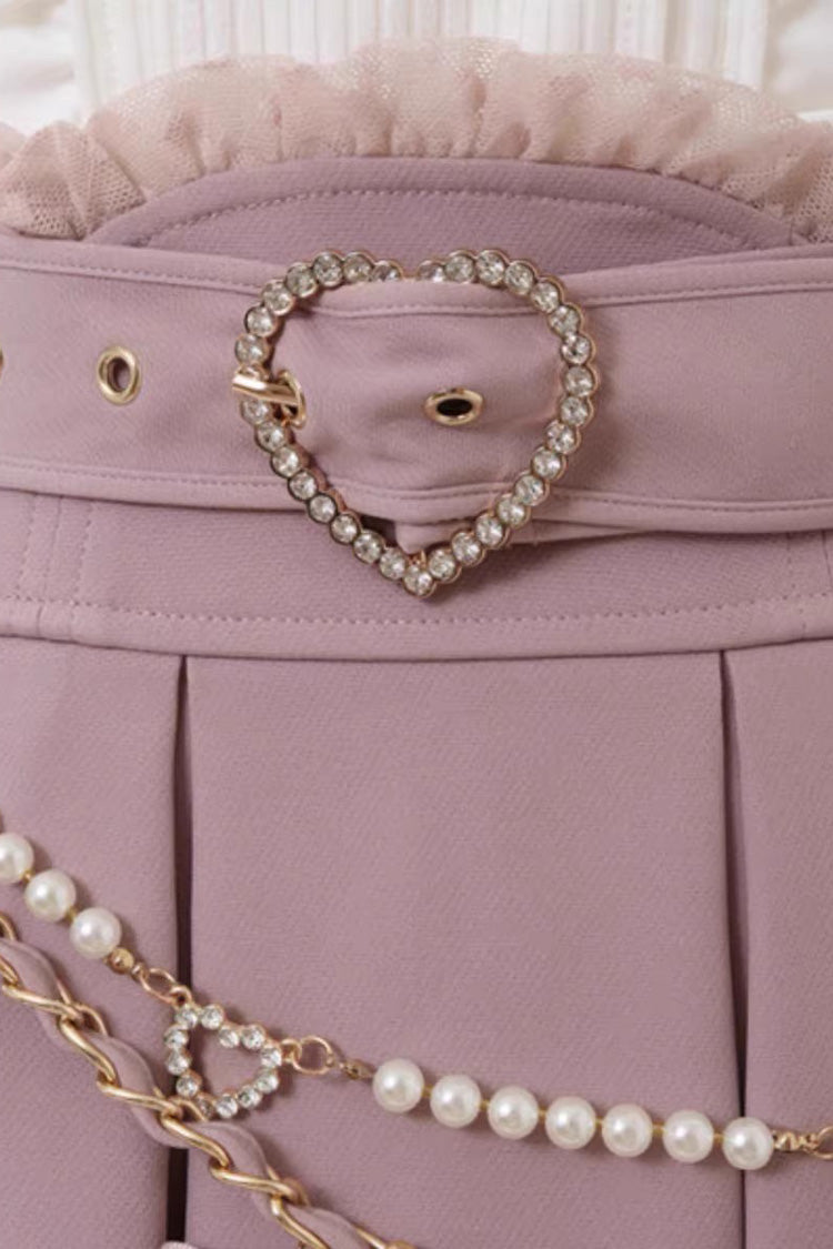 Pretty Heart-Belt Printed Ruffled Pearl and Chain Decorated Plus-Size Pleated Skirt