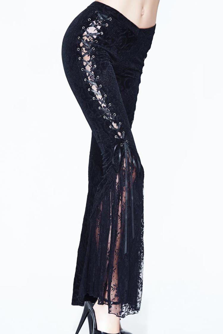 Lace-Up Flared Velveteen Gothic Pants with Pattern