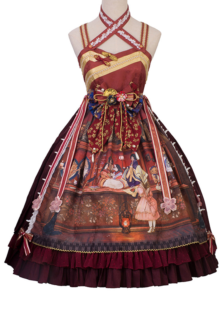 Multi-Color Nightmare Print Japanese Bow Ruffle Jsk Dress