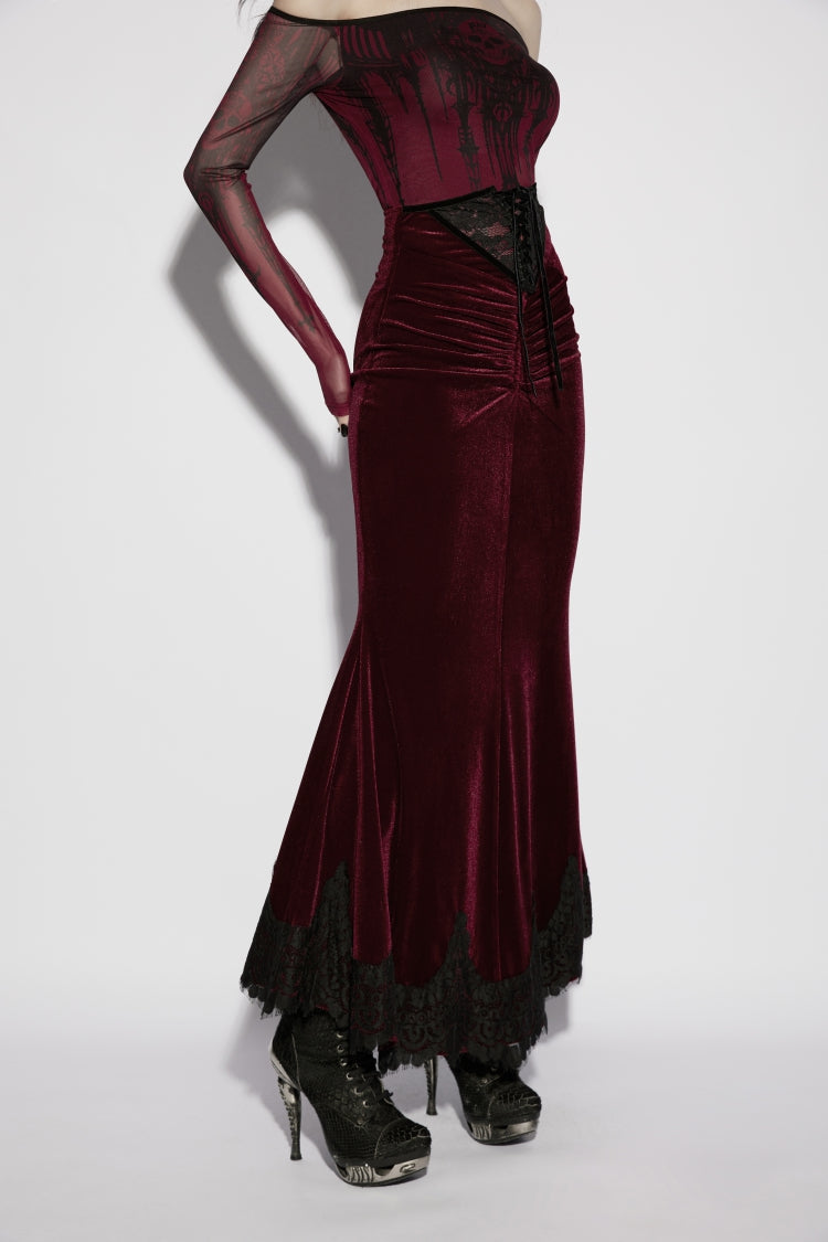 Scarlet Lace Velvet Pleated Gothic Mermaid Skirt